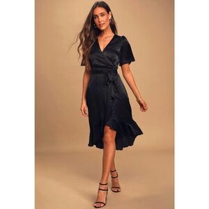 Lulus Wrapped Up In Love Black Satin Faux-Wrap Midi Dress, Size Small